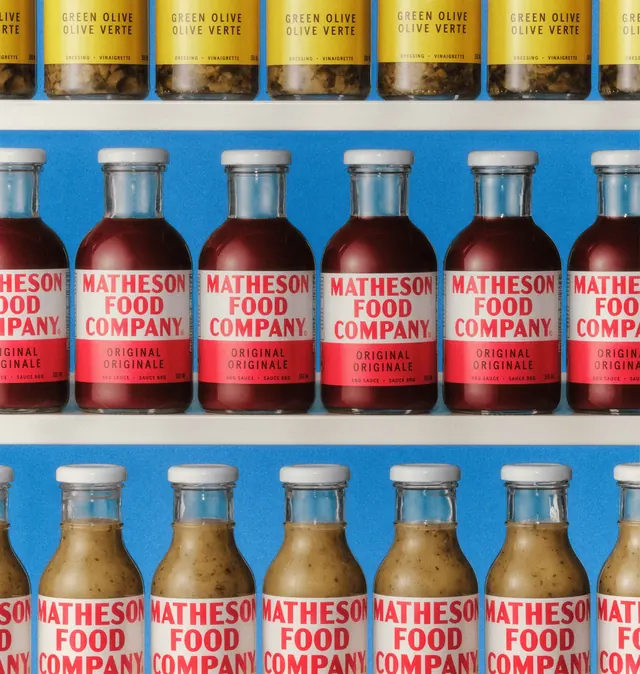 Matheson Food Company shelf rows of sauces and dressings, photographic, retro, vibrant