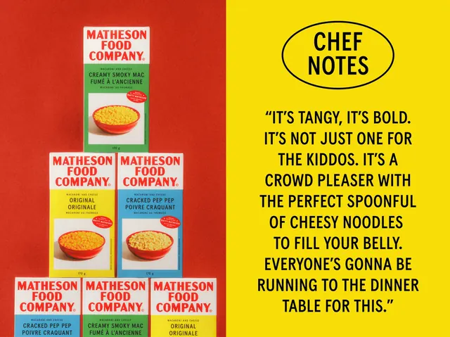 Matheson mac and cheese carton pyramid with Chef Notes quote panel, photographic, typographic, vibrant