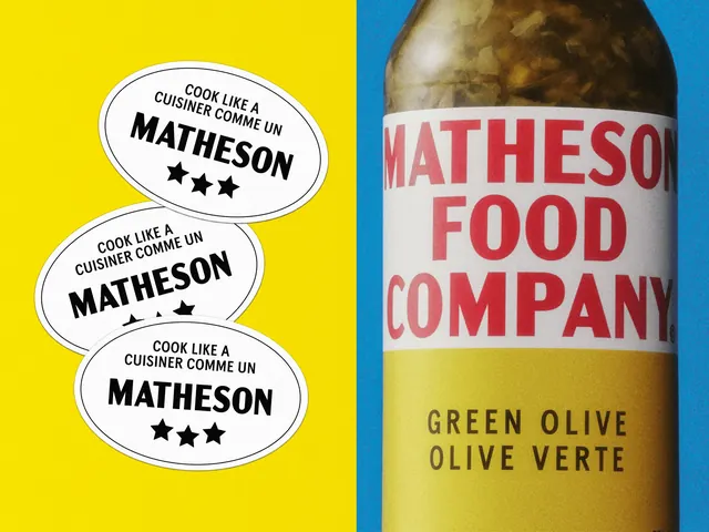 Matheson oval stickers beside a cropped green olive bottle, photographic, typographic, vibrant