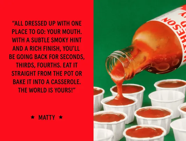 Matheson quote panel beside BBQ sauce poured into portion cups, photographic, typographic, vibrant