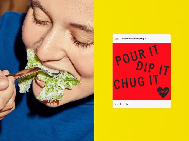 Matheson eating portrait beside a social post mockup, photographic, typographic, vibrant