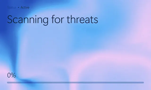 Microsoft Security "Scanning for threats" gradient status screen, gradient-heavy, minimal, cool