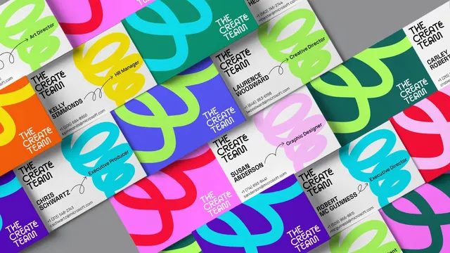 The Create Team business card grid in clashing brights, playful, geometric, vibrant