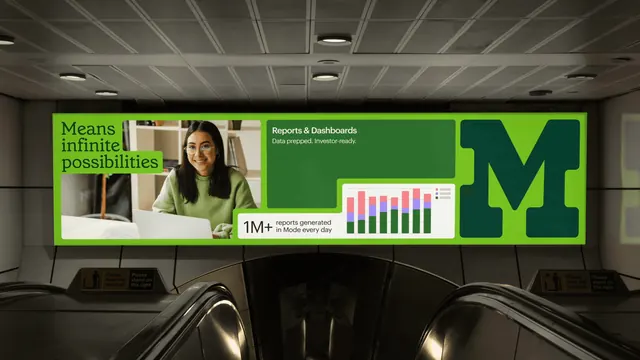Mode transit billboard in stacked greens, corporate-clean, geometric, vibrant