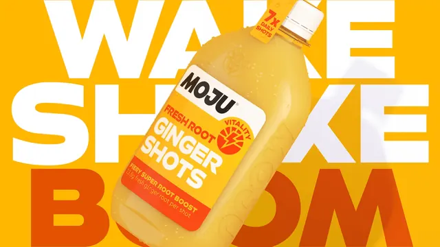 MOJU ginger shots bottle over oversized WAKE SHAKE BOOM type, maximalist, typographic, vibrant