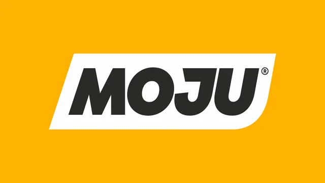 MOJU logotype on a slanted white plate, flat, geometric, vibrant