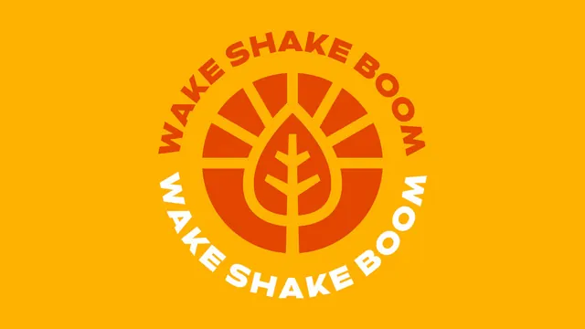 WAKE SHAKE BOOM sunrise badge, flat, geometric, vibrant