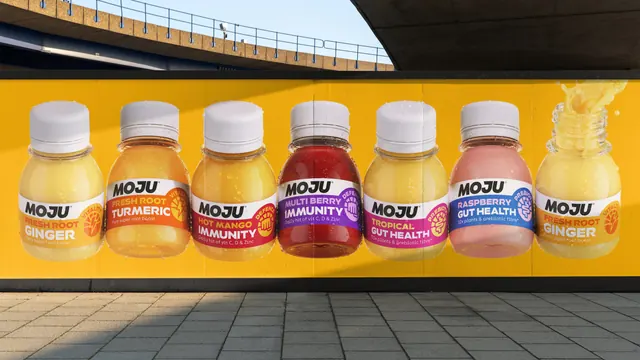MOJU range hoarding under a flyover, photographic, flat, vibrant