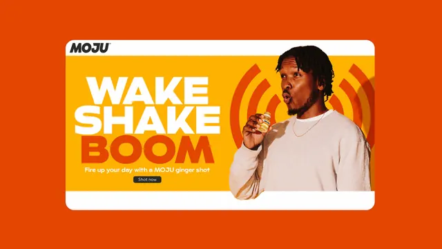 WAKE SHAKE BOOM campaign banner with sonic rings, flat, geometric, vibrant