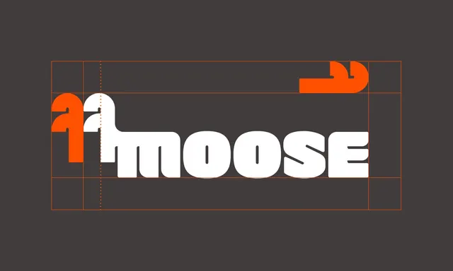 Moose logo construction and clear-space diagram, technical, geometric, dark