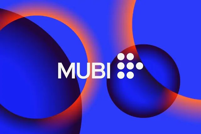MUBI logo lockup over blended blue and orange spheres, gradient-heavy, abstract, vibrant