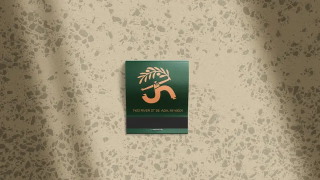 Myrth matchbook with farmer mascot, illustrated, flat, dark