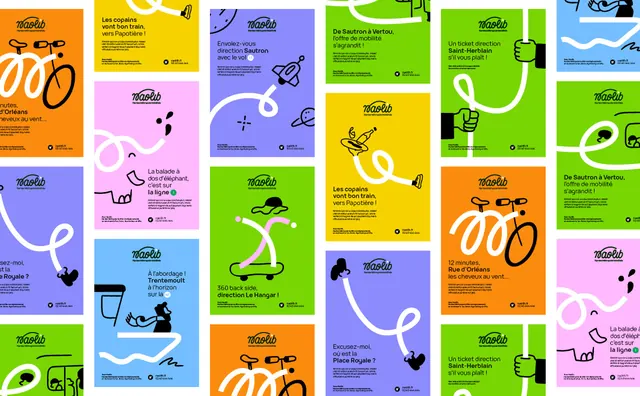Naolib poster wall in six flat colours, illustrated, flat, vibrant