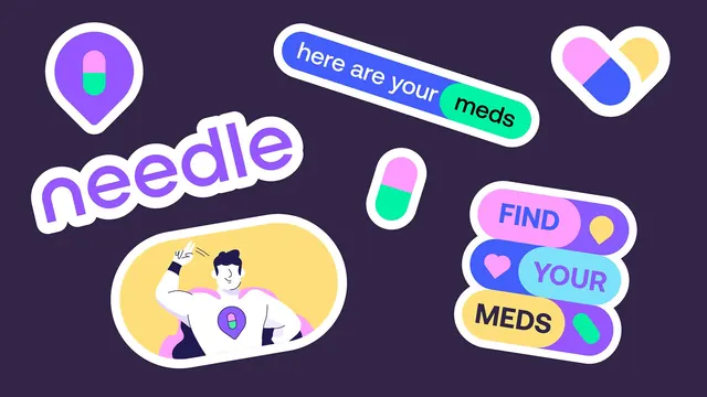 Needle sticker set of brand elements, illustrated, playful, dark