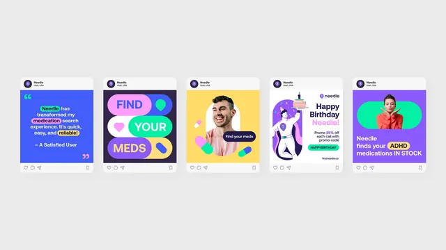 Needle social post series mockup, illustrated, playful, vibrant