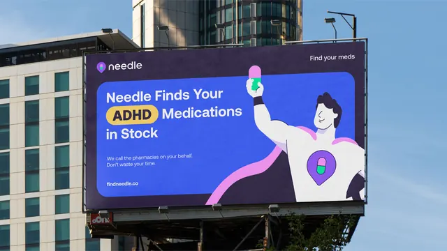 Needle billboard with superhero illustration, illustrated, flat, vibrant