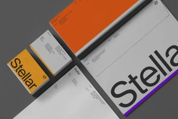 Stellar brand identity collateral, minimal, swiss, muted
