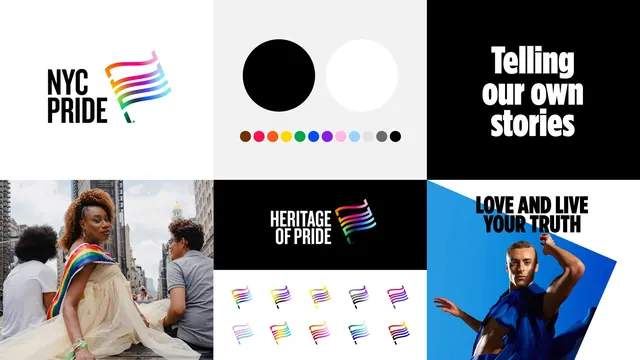 NYC Pride identity system overview grid, minimal, editorial, high-contrast