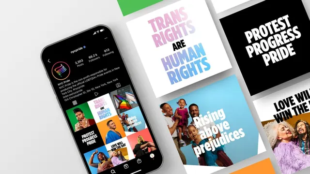 NYC Pride social feed and phone mockup, photographic, editorial, light