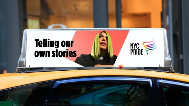 NYC Pride taxi-top advertisement, photographic, editorial, vibrant