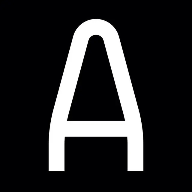 Large white letter 'A' logo on black, minimal, geometric, monochrome