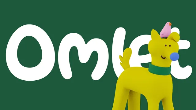 Omlet 3D clay dog and bird over a rounded white wordmark, 3d-render, playful, vibrant