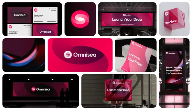 Omnisea identity overview grid in magenta and black, dark-mode, gradient-heavy, dark