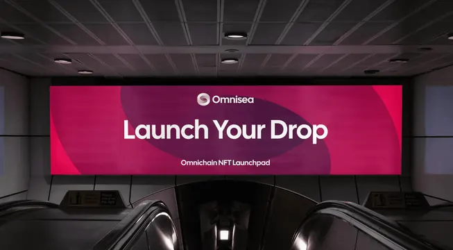 Omnisea escalator screen with campaign headline, dark-mode, gradient-heavy, dark