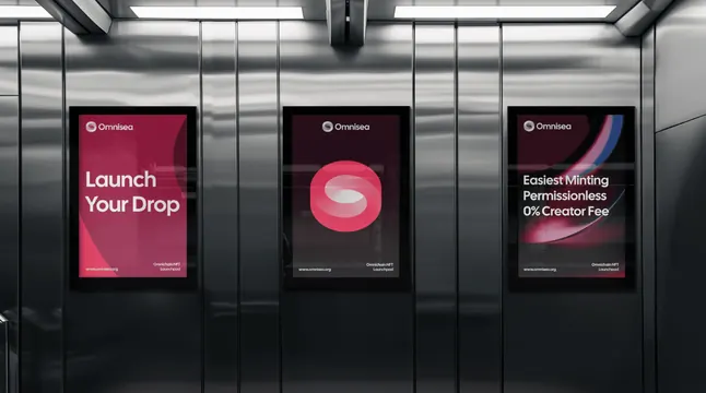 Omnisea triptych of vertical screens in a steel lift, dark-mode, gradient-heavy, dark