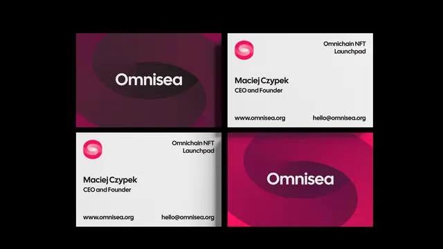 Omnisea business card set in two-by-two grid, minimal, dark-mode, dark