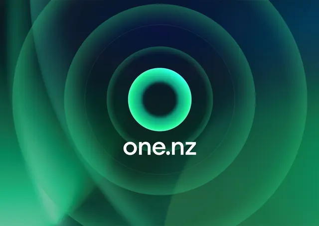 one.nz glowing ring logo on concentric green field, minimal, dark-mode, dark