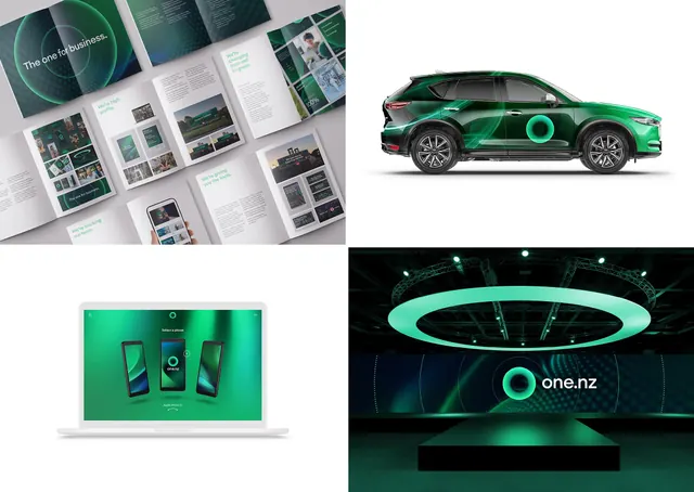 one.nz applications grid: print, livery, web and event, minimal, corporate-clean, dark