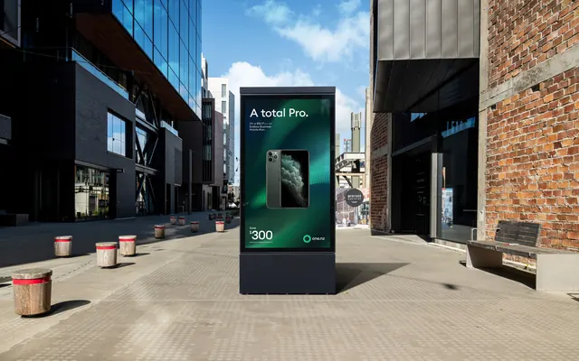 one.nz street kiosk with handset offer, minimal, dark-mode, dark