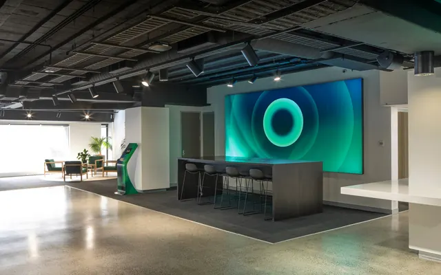 one.nz interior with concentric ring LED wall, architectural, photographic, dark