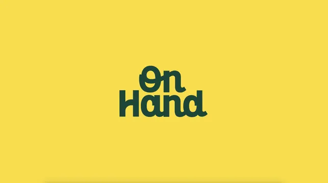 OnHand stacked logotype in green on yellow, minimal, flat, vibrant