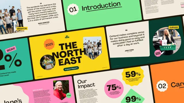 OnHand impact report slides in an angled grid, editorial, playful, vibrant