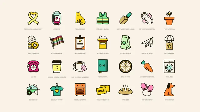 OnHand mission icon set on cream, illustrated, flat, vibrant