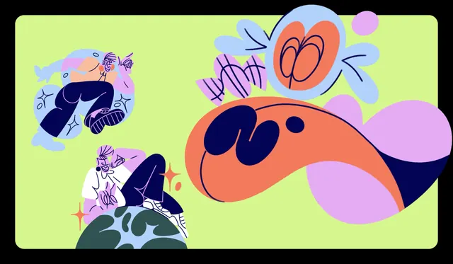 Oobli brand illustration on lime with blob shapes and line figures, illustrated, flat, vibrant
