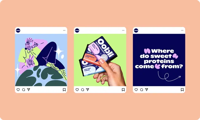 Oobli social post trio on peach, flat, playful, warm