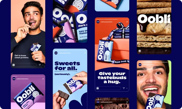 Oobli social story wall on navy, flat, photographic, dark