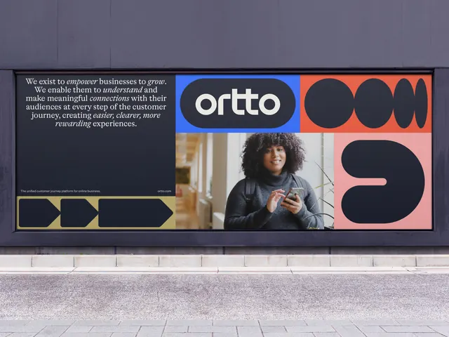 Ortto street hoarding with mission statement panel, geometric, editorial, dark