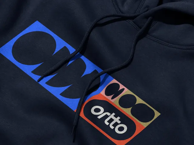 Ortto navy hoodie with cropped letterform print, geometric, minimal, dark