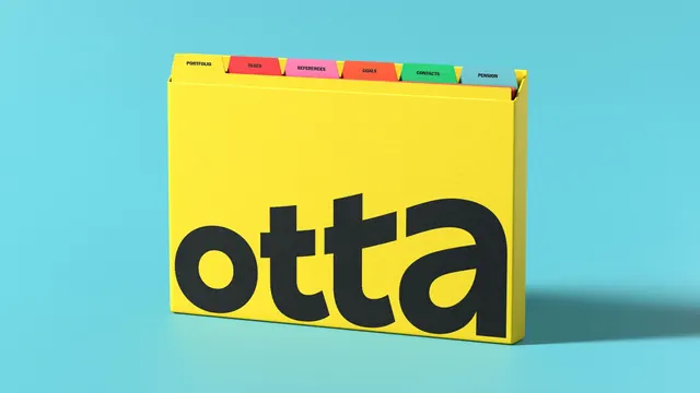 Otta yellow filing box with colour-coded tab dividers, 3d-render, playful, vibrant
