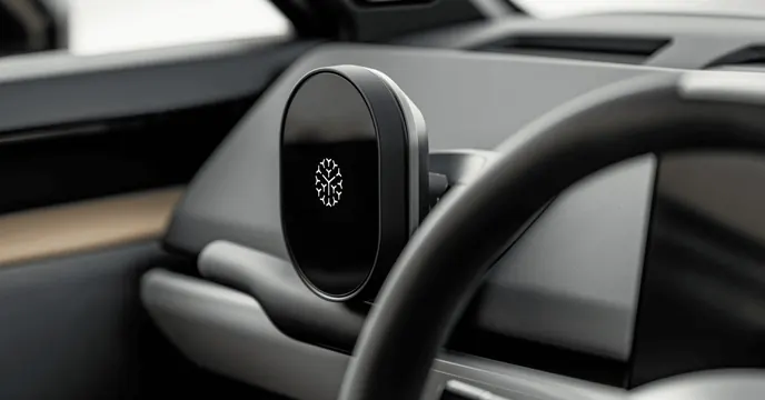 Pairpoint mark on in-car display, minimal, cinematic, dark