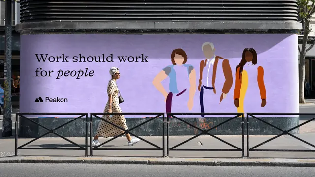 Peakon purple billboard on a street corner, photographic, illustrated, vibrant