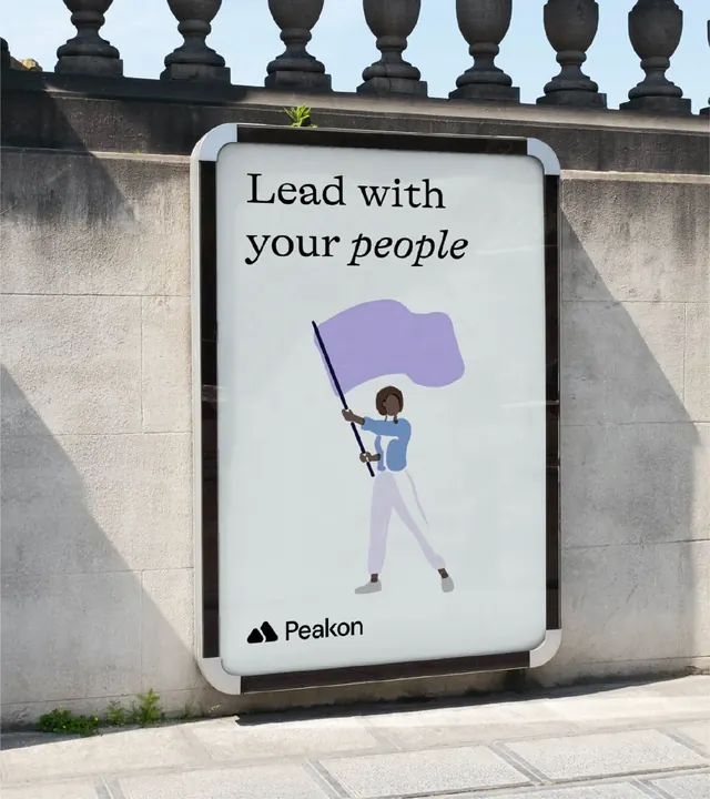 Peakon "Lead with your people" street poster, illustrated, minimal, pastel