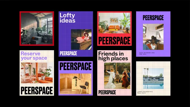 Peerspace poster and social layout system on grid, editorial, geometric, vibrant