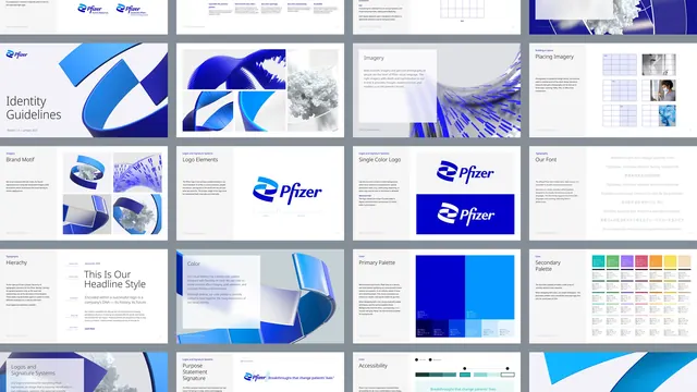 Pfizer identity guidelines page contact sheet, corporate-clean, technical, light