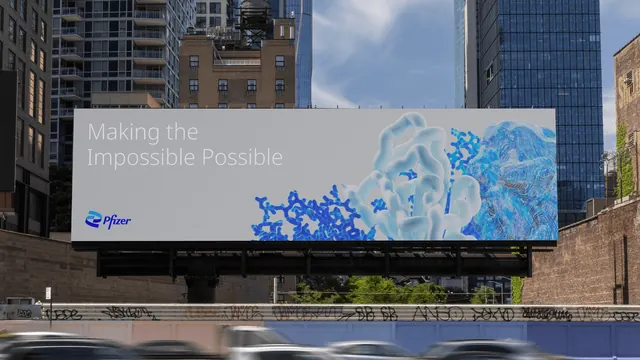 Pfizer "Making the Impossible Possible" city billboard, photographic, corporate-clean, cool