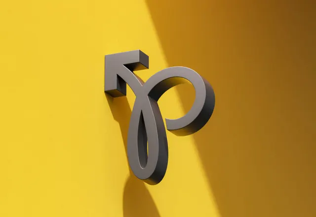 Pickt extruded monogram on a yellow wall, 3d-render, minimal, warm